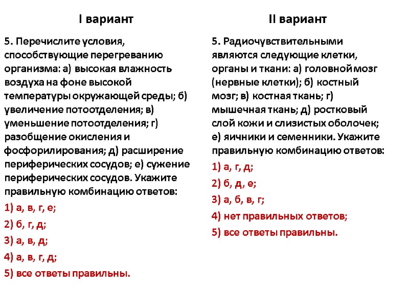 I вариант 5. Перечислите условия, способствующие перегреванию организма: а) высокая влажность воздуха на фоне